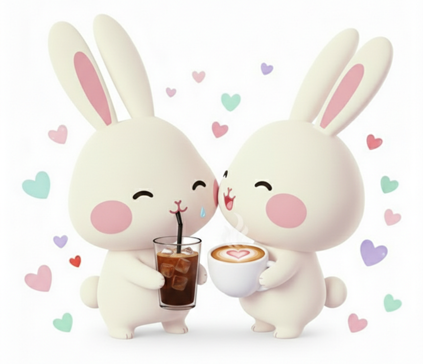 커피를 마는 두 토끼